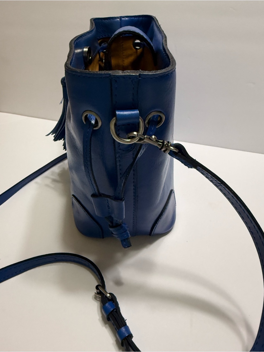 Patricia Nash Royal Blue Leather Tassel Bucket Crossbody Bag - Picture 9 of 10